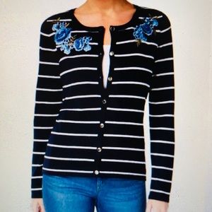 Karen Scott Navy Blue With White Stripes Cardigan